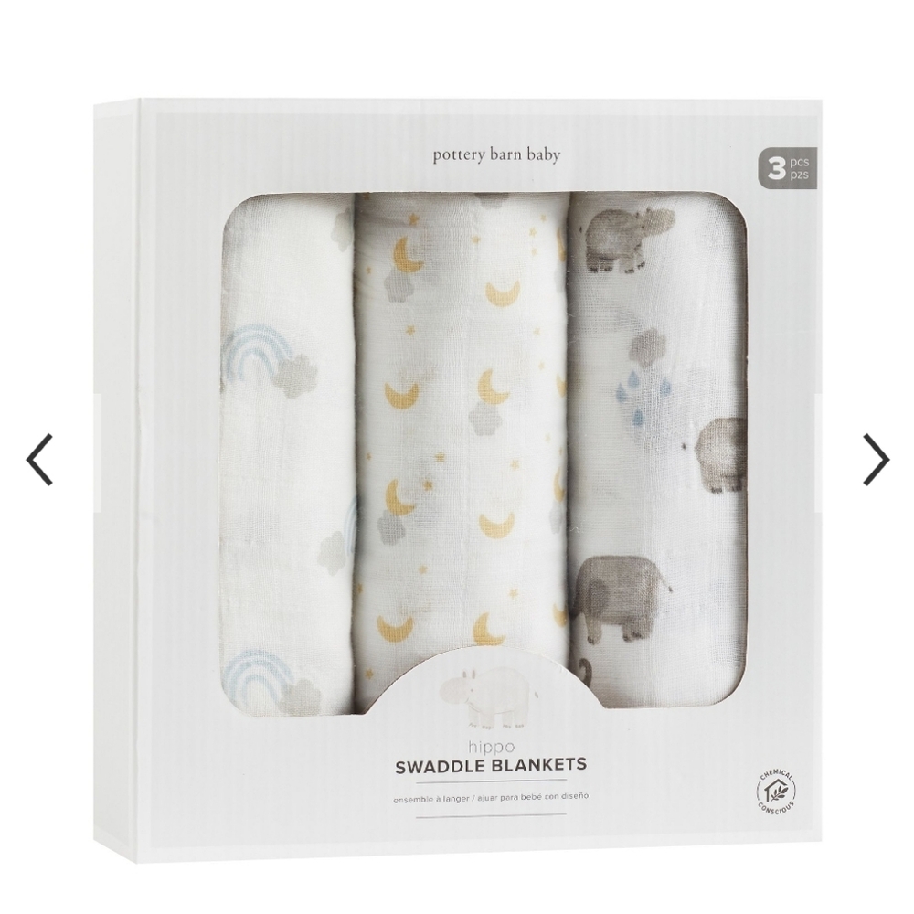Pottery Barn Kids Hippo Organic Muslin Swaddle Set NEW